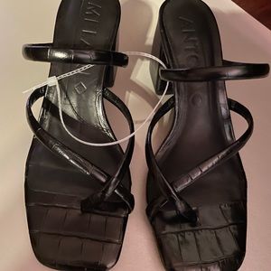 Black Antonio Melani, the Rexxza Croco Printed Leather Dress Sandals feature: